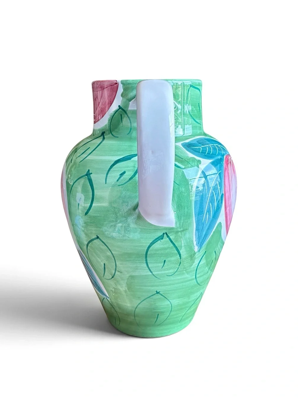 Pier 1 Hand-Painted Majolica Ceramic Pitcher in Pink and Green with Apple Motif
